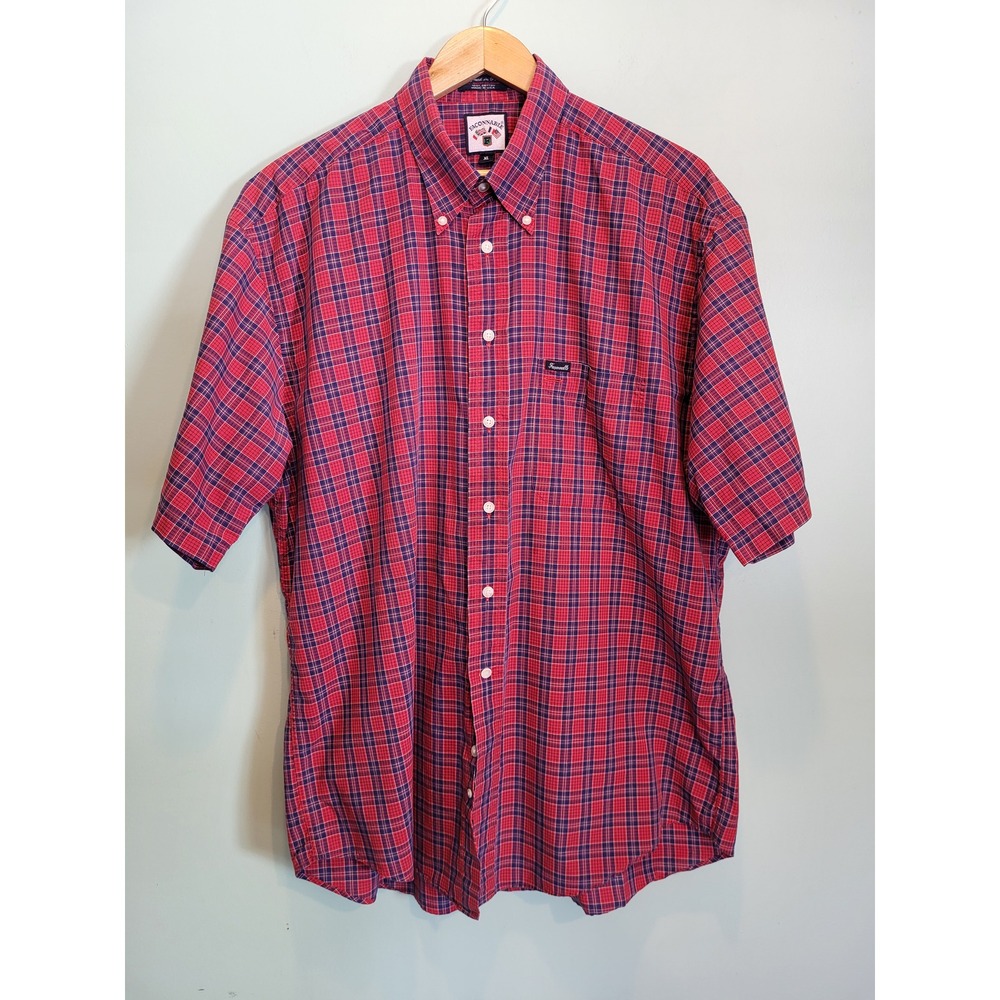 Mens Faconnable Red Blue Plaid Short Sleeve Button Up Shirt Sz XL